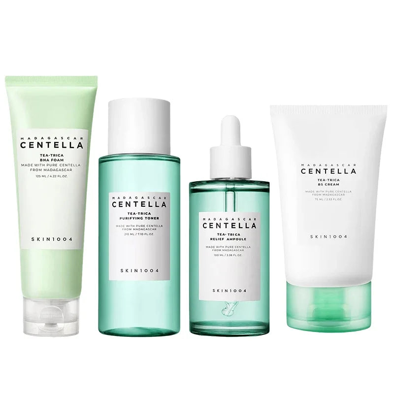 Colección x4 Centella Tea-Trica (espuma BHA, tónico purificante, ampolla calmante, crema B5)
